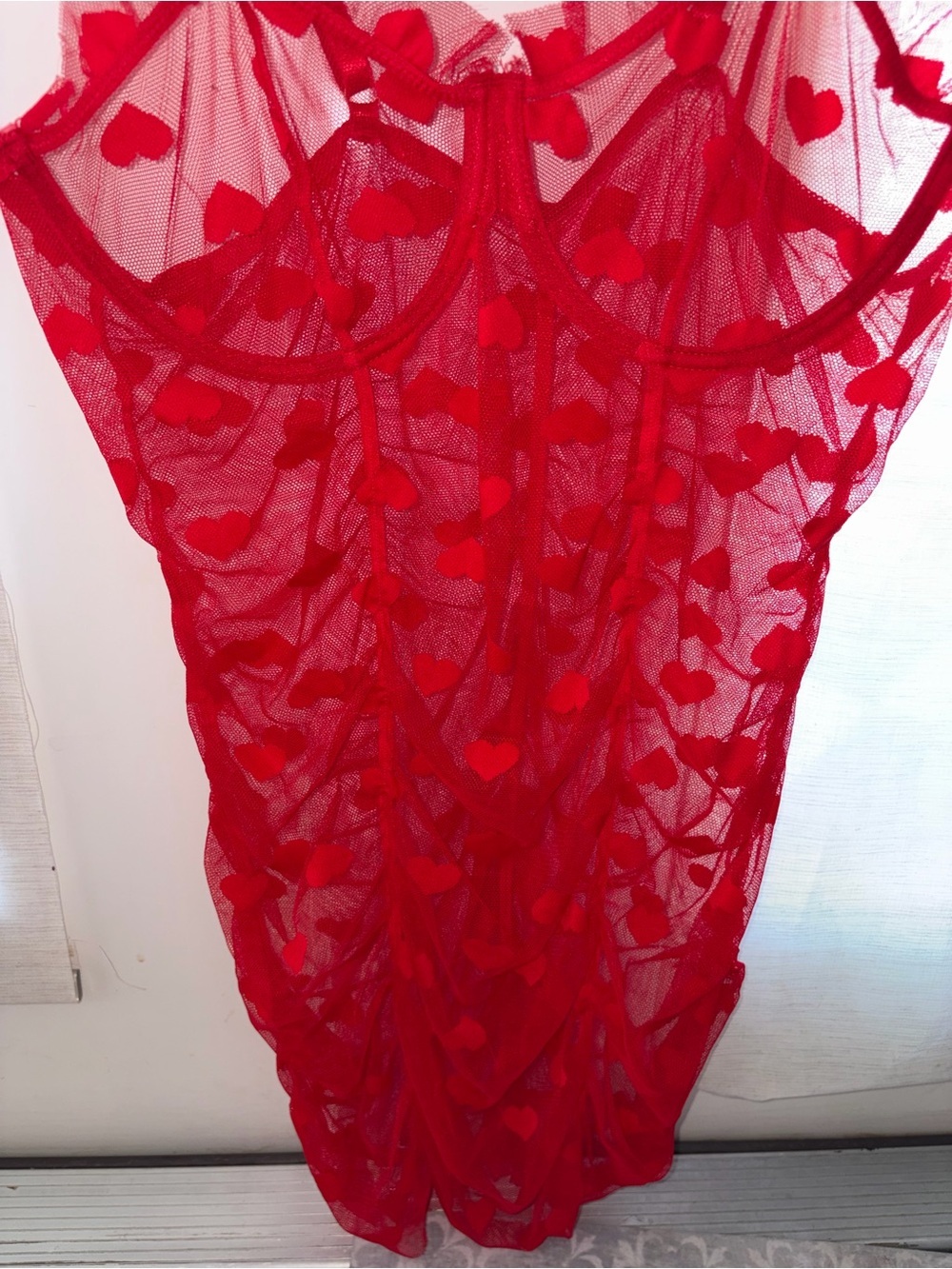 Heart Mesh Frill Trim Underwire Lingerie Mini Dress Red Large - Picture 9 of 9